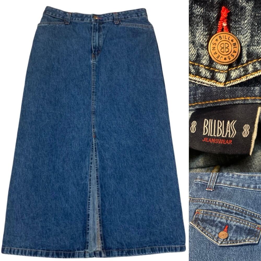 Bill Blass Womens Sz 10 Denim Maxi Skirt Y2K Blue Jean Red Stitch Flap Pockets